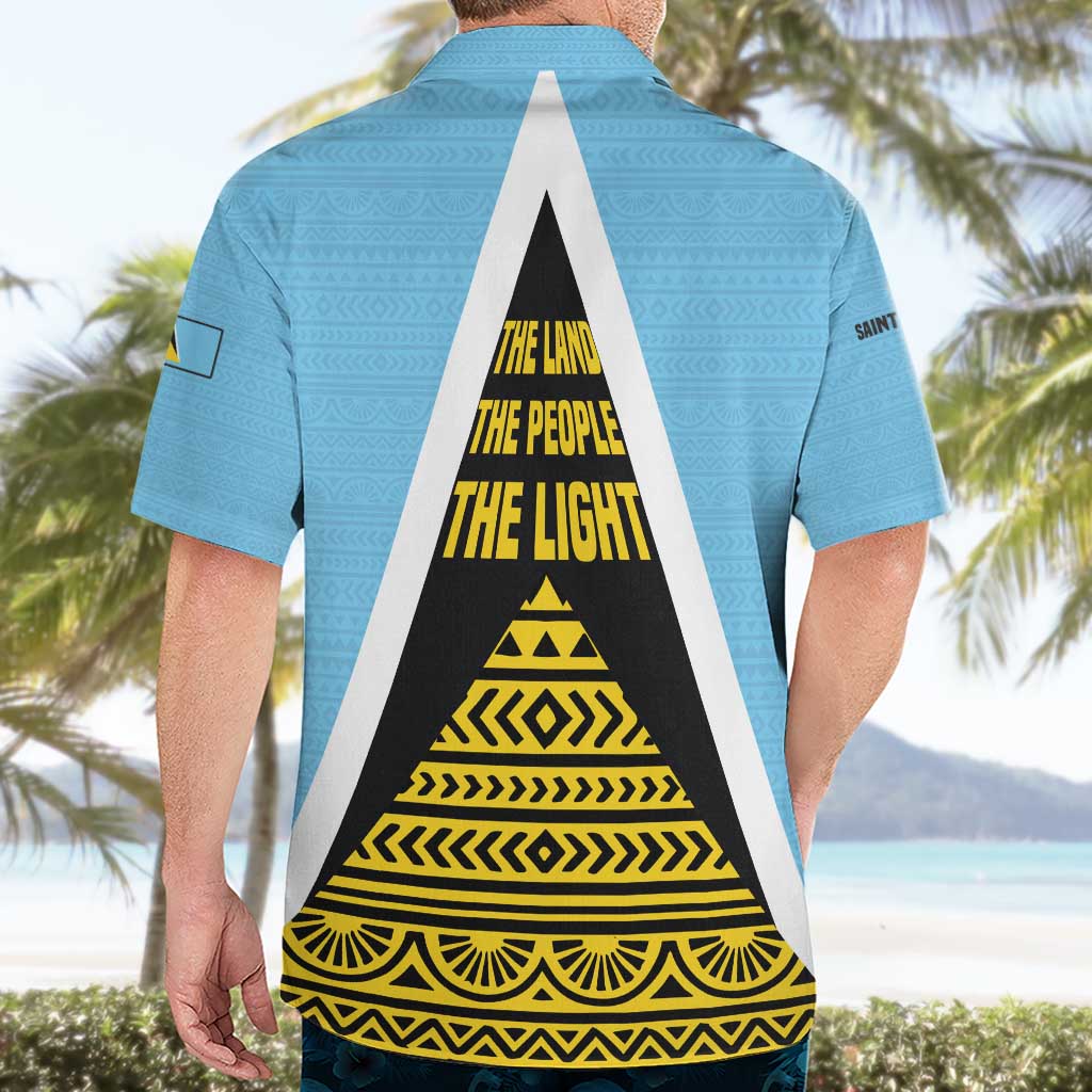 Saint Lucia Tribal Triangle Design Hawaiian Shirt with Flag Colors and The Land The People The Light Quote - Wonder Print Shop