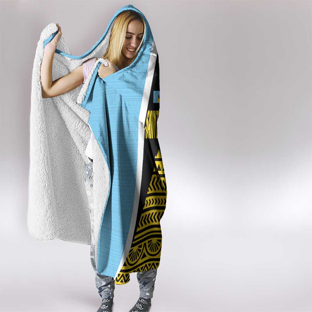 Saint Lucia Tribal Triangle Design Hooded Blanket with Flag Colors and The Land The People The Light Quote - Wonder Print Shop