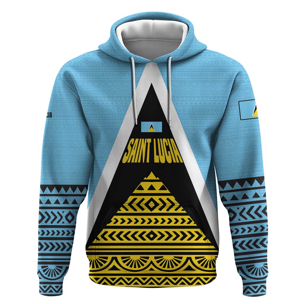 Saint Lucia Tribal Triangle Design Hoodie with Flag Colors and The Land The People The Light Quote - Wonder Print Shop