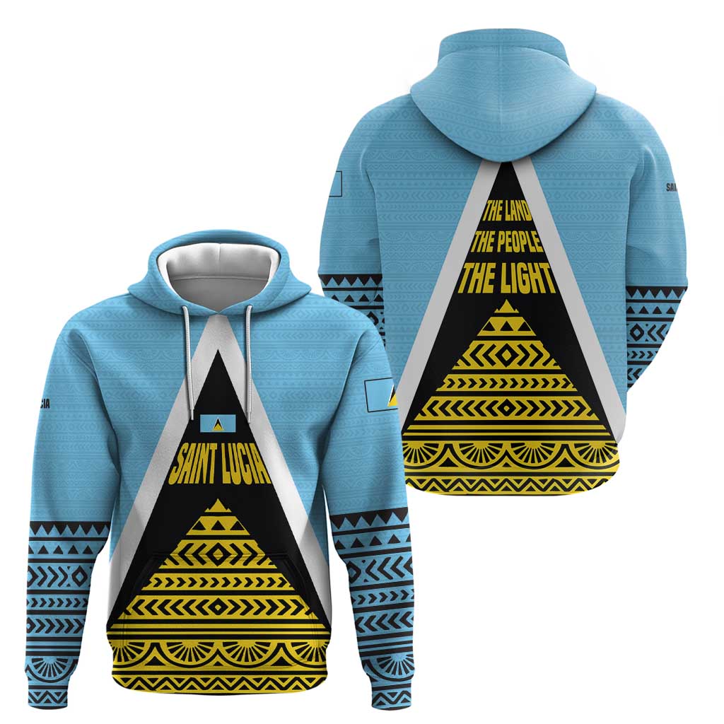 Saint Lucia Tribal Triangle Design Hoodie with Flag Colors and The Land The People The Light Quote - Wonder Print Shop