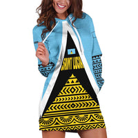 Saint Lucia Tribal Triangle Design Hoodie Dress with Flag Colors and The Land The People The Light Quote - Wonder Print Shop