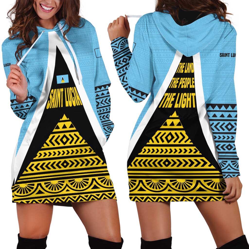 Saint Lucia Tribal Triangle Design Hoodie Dress with Flag Colors and The Land The People The Light Quote - Wonder Print Shop