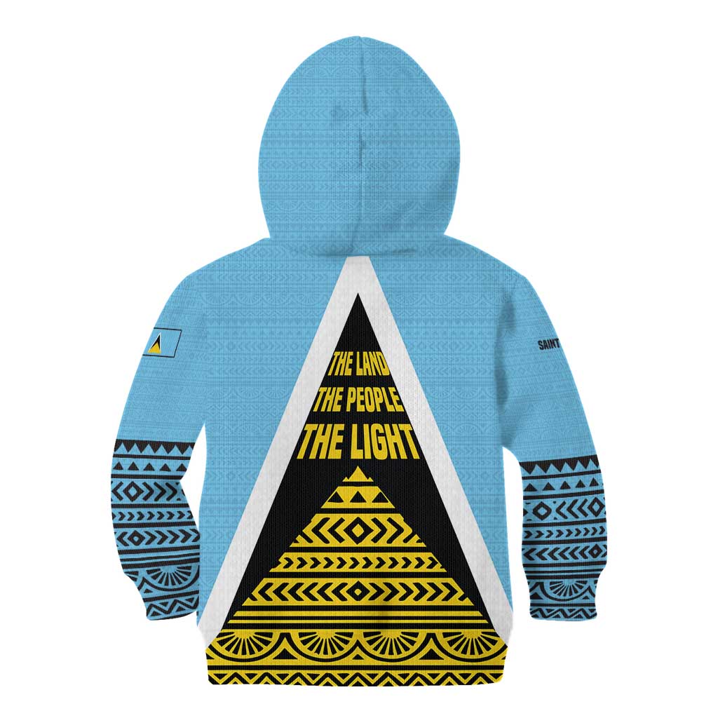 Saint Lucia Tribal Triangle Design Kid Hoodie with Flag Colors and The Land The People The Light Quote - Wonder Print Shop