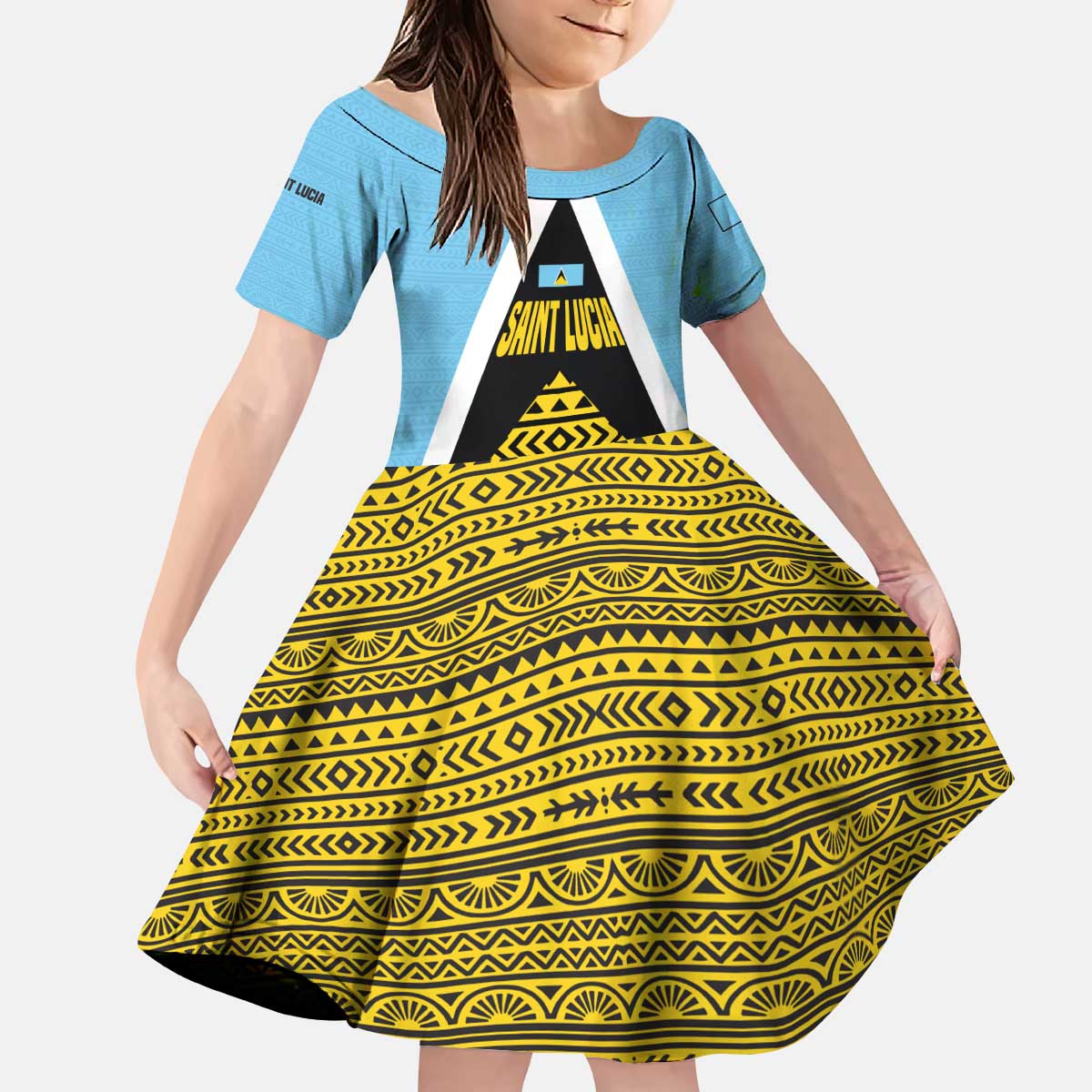 Saint Lucia Tribal Triangle Design Kid Short Sleeve Dress with Flag Colors and The Land The People The Light Quote - Wonder Print Shop