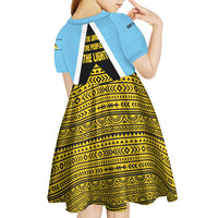 Saint Lucia Tribal Triangle Design Kid Short Sleeve Dress with Flag Colors and The Land The People The Light Quote - Wonder Print Shop