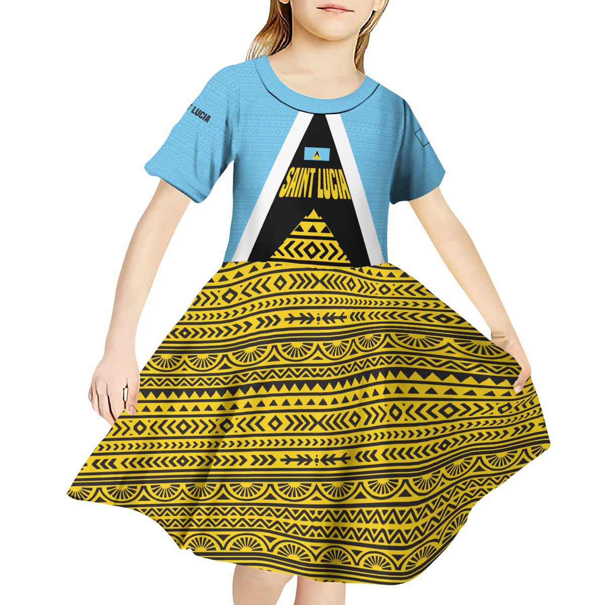 Saint Lucia Tribal Triangle Design Kid Short Sleeve Dress with Flag Colors and The Land The People The Light Quote - Wonder Print Shop