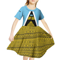 Saint Lucia Tribal Triangle Design Kid Short Sleeve Dress with Flag Colors and The Land The People The Light Quote - Wonder Print Shop