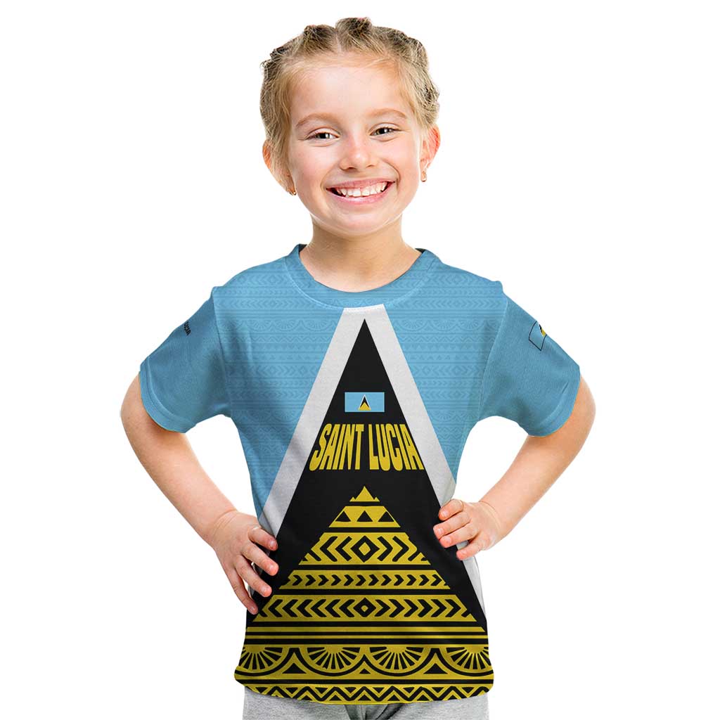 Saint Lucia Tribal Triangle Design Kid T Shirt with Flag Colors and The Land The People The Light Quote - Wonder Print Shop