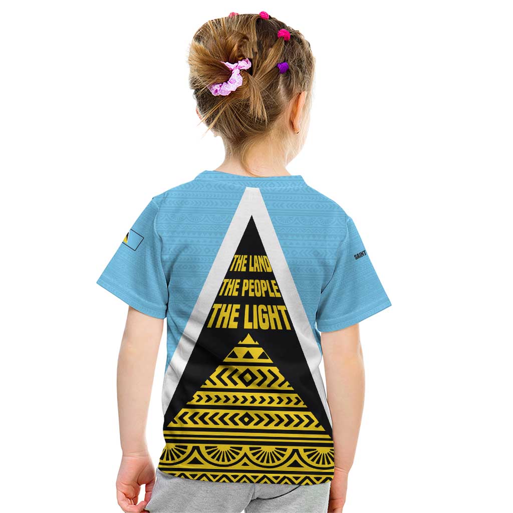 Saint Lucia Tribal Triangle Design Kid T Shirt with Flag Colors and The Land The People The Light Quote - Wonder Print Shop