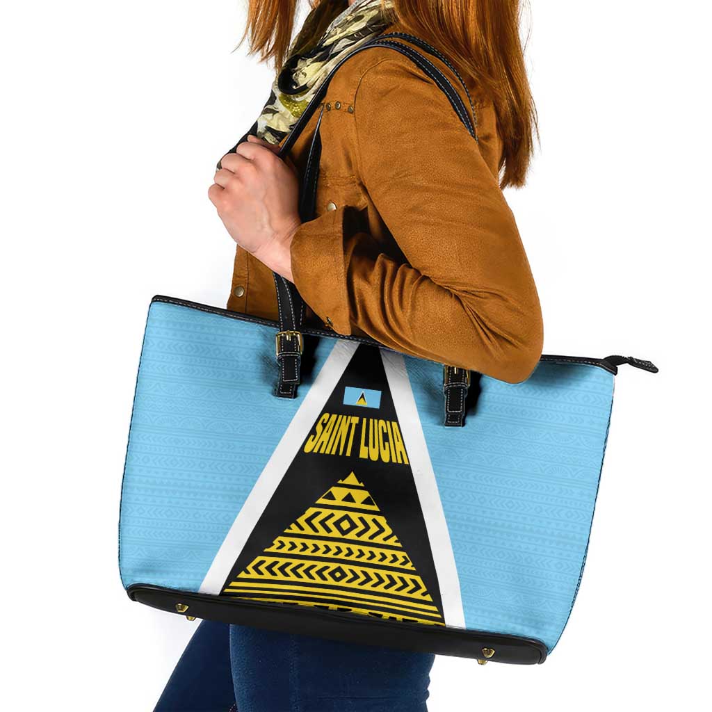Saint Lucia Tribal Triangle Design Leather Tote Bag with Flag Colors and The Land The People The Light Quote - Wonder Print Shop