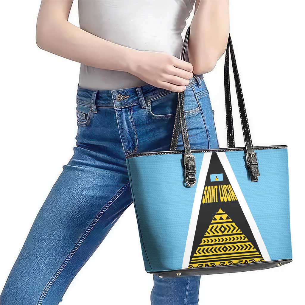 Saint Lucia Tribal Triangle Design Leather Tote Bag with Flag Colors and The Land The People The Light Quote - Wonder Print Shop