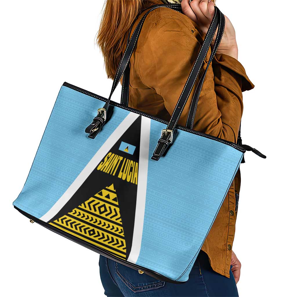 Saint Lucia Tribal Triangle Design Leather Tote Bag with Flag Colors and The Land The People The Light Quote - Wonder Print Shop