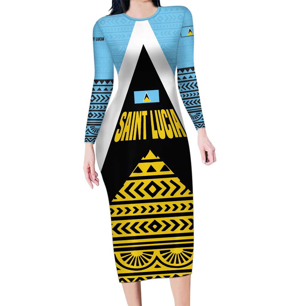Saint Lucia Tribal Triangle Design Long Sleeve Bodycon Dress with Flag Colors and The Land The People The Light Quote - Wonder Print Shop