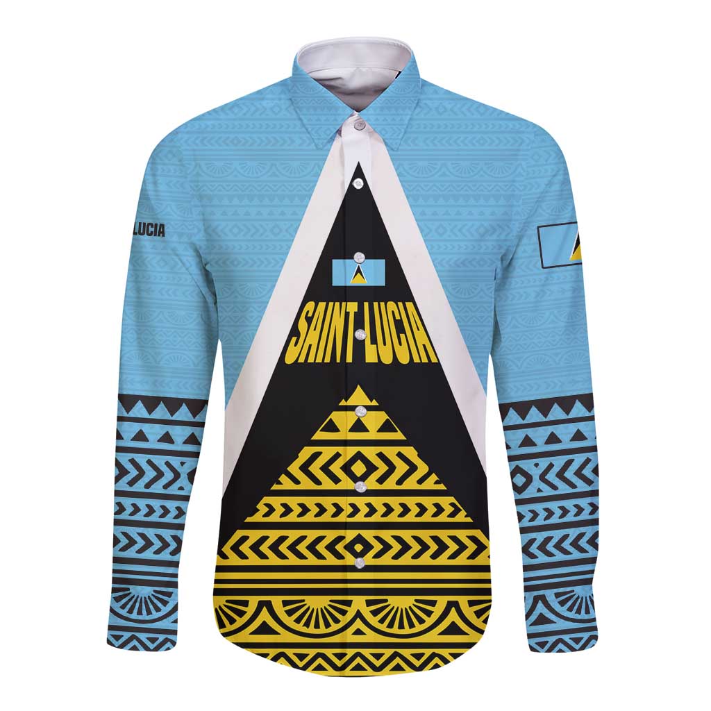 Saint Lucia Tribal Triangle Design Long Sleeve Button Shirt with Flag Colors and The Land The People The Light Quote - Wonder Print Shop