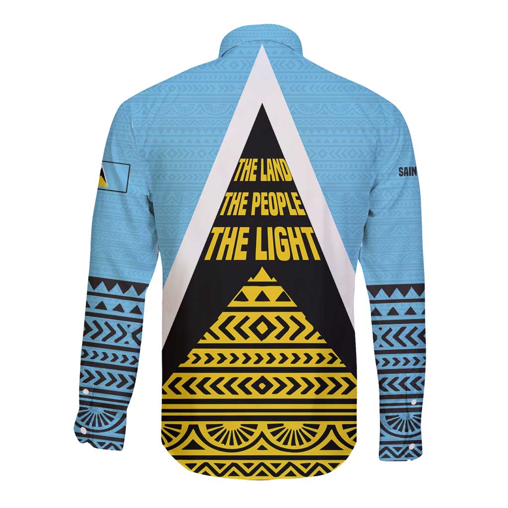 Saint Lucia Tribal Triangle Design Long Sleeve Button Shirt with Flag Colors and The Land The People The Light Quote - Wonder Print Shop