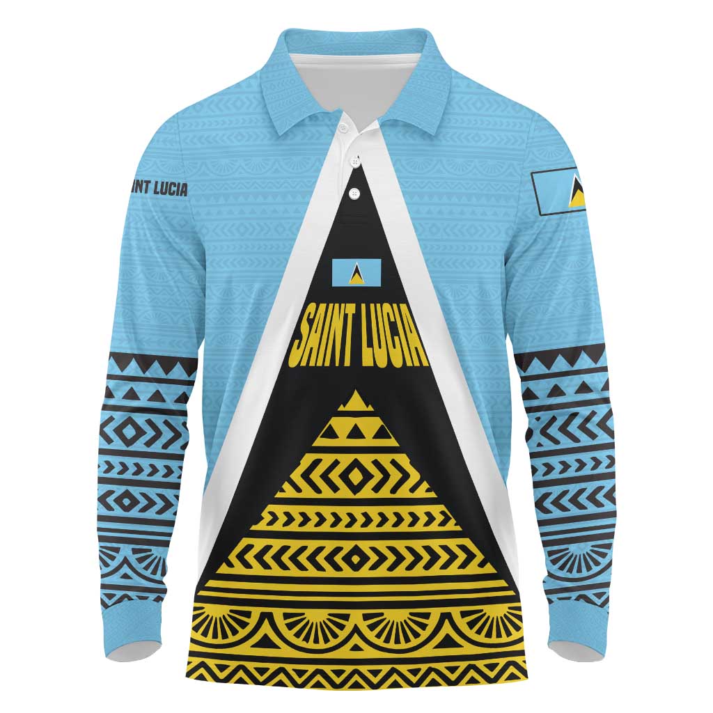Saint Lucia Tribal Triangle Design Long Sleeve Polo Shirt with Flag Colors and The Land The People The Light Quote - Wonder Print Shop