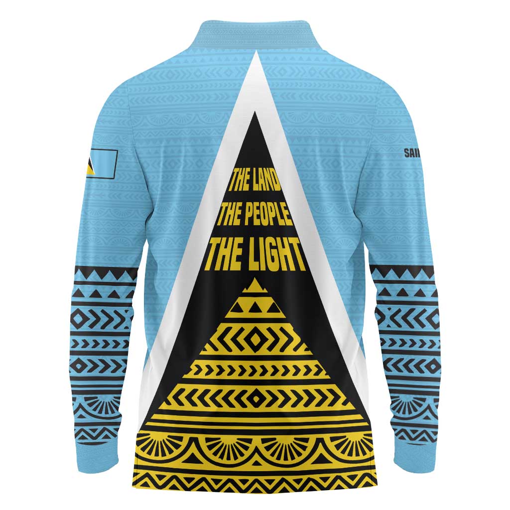 Saint Lucia Tribal Triangle Design Long Sleeve Polo Shirt with Flag Colors and The Land The People The Light Quote - Wonder Print Shop