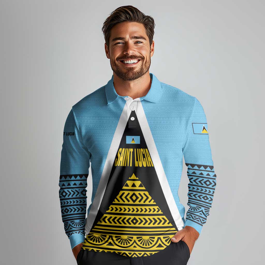 Saint Lucia Tribal Triangle Design Long Sleeve Polo Shirt with Flag Colors and The Land The People The Light Quote - Wonder Print Shop