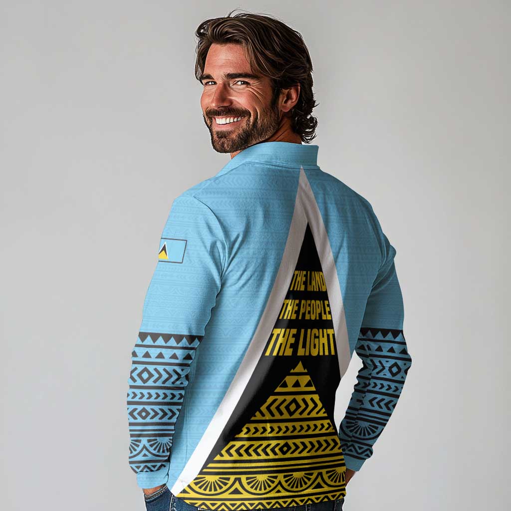Saint Lucia Tribal Triangle Design Long Sleeve Polo Shirt with Flag Colors and The Land The People The Light Quote - Wonder Print Shop