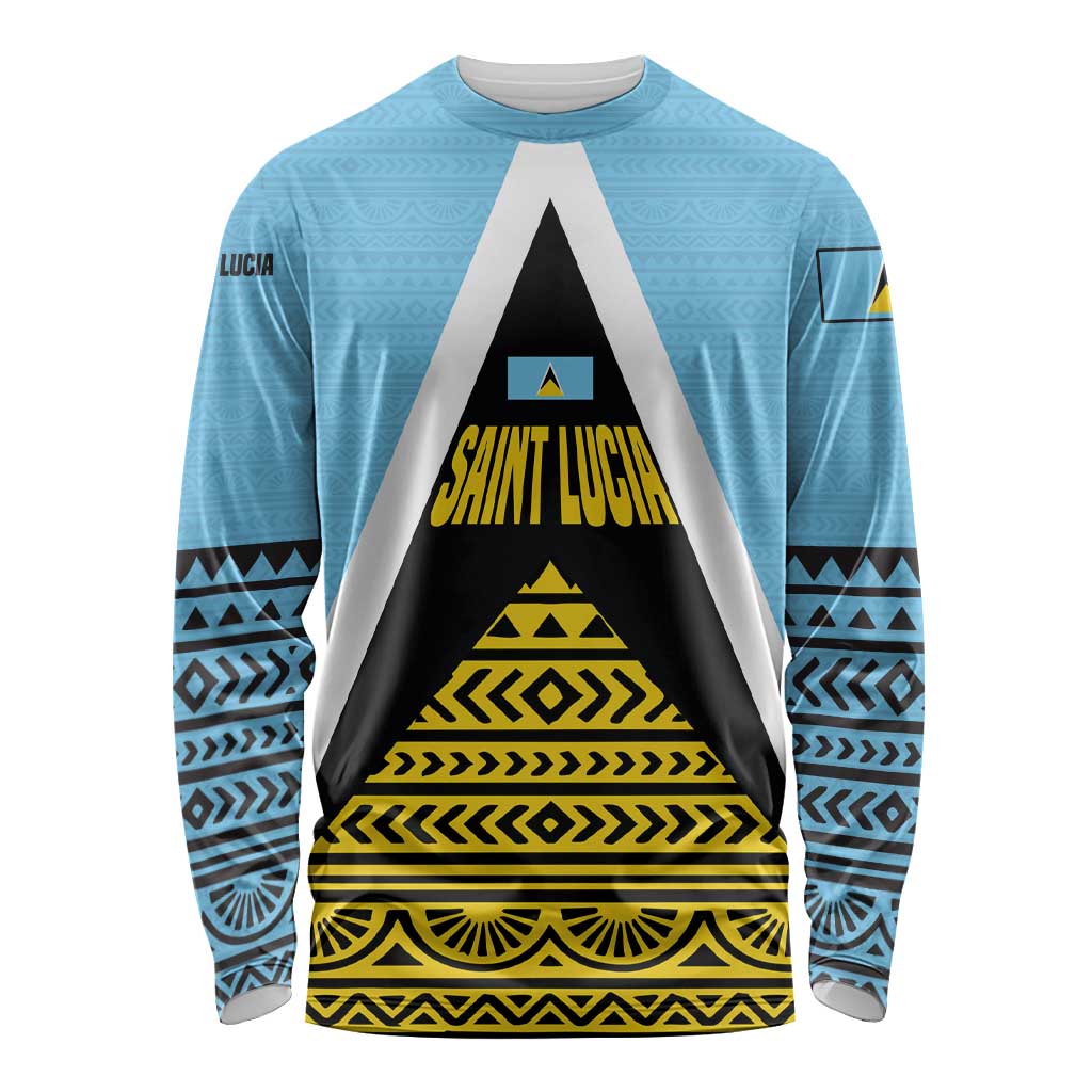 Saint Lucia Tribal Triangle Design Long Sleeve Shirt with Flag Colors and The Land The People The Light Quote - Wonder Print Shop
