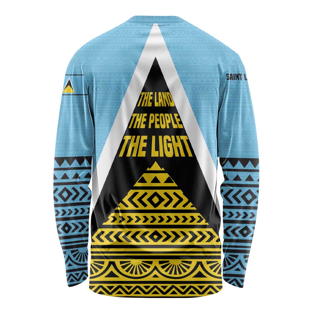 Saint Lucia Tribal Triangle Design Long Sleeve Shirt with Flag Colors and The Land The People The Light Quote - Wonder Print Shop