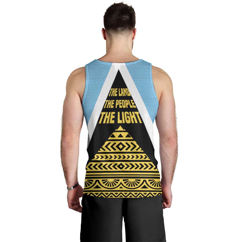 Saint Lucia Tribal Triangle Design Men Tank Top with Flag Colors and The Land The People The Light Quote - Wonder Print Shop