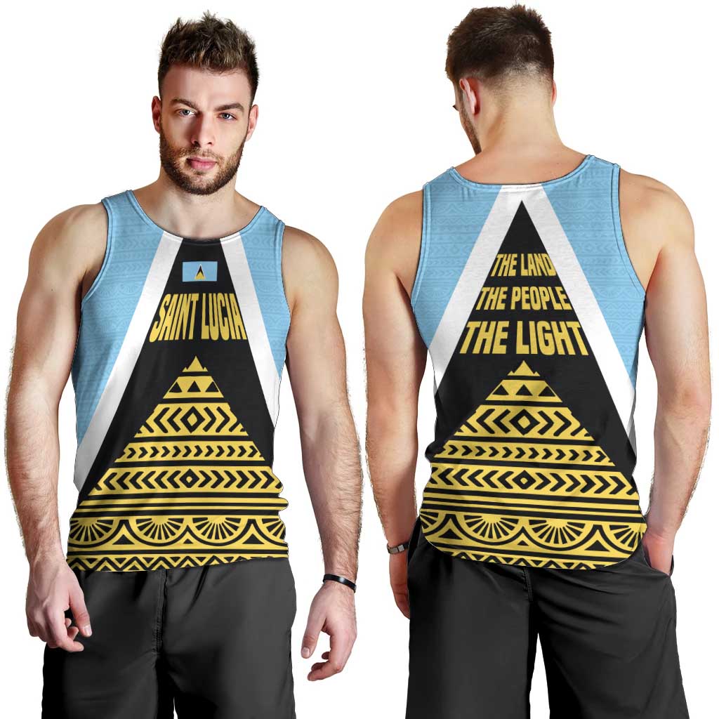 Saint Lucia Tribal Triangle Design Men Tank Top with Flag Colors and The Land The People The Light Quote - Wonder Print Shop