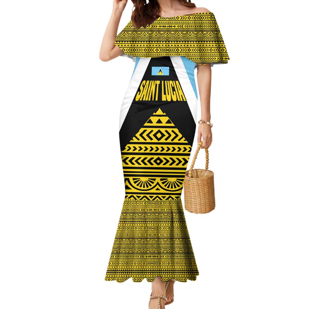 Saint Lucia Tribal Triangle Design Mermaid Dress with Flag Colors and The Land The People The Light Quote - Wonder Print Shop