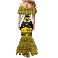 Saint Lucia Tribal Triangle Design Mermaid Dress with Flag Colors and The Land The People The Light Quote - Wonder Print Shop