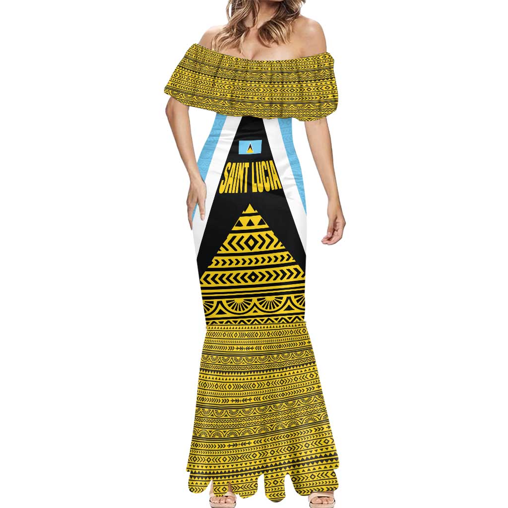 Saint Lucia Tribal Triangle Design Mermaid Dress with Flag Colors and The Land The People The Light Quote - Wonder Print Shop