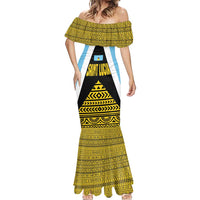 Saint Lucia Tribal Triangle Design Mermaid Dress with Flag Colors and The Land The People The Light Quote - Wonder Print Shop