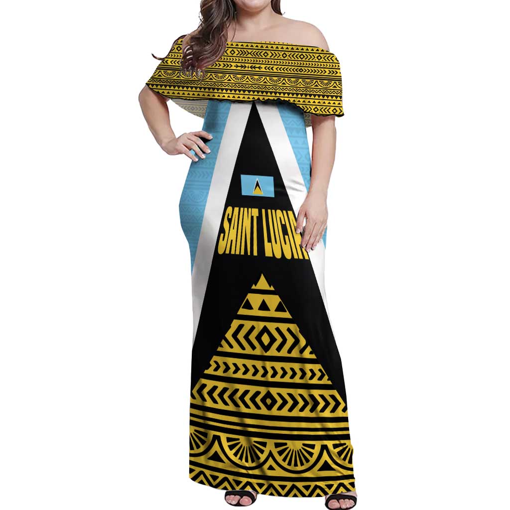 Saint Lucia Tribal Triangle Design Off Shoulder Maxi Dress with Flag Colors and The Land The People The Light Quote - Wonder Print Shop