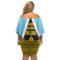 Saint Lucia Tribal Triangle Design Off Shoulder Short Dress with Flag Colors and The Land The People The Light Quote - Wonder Print Shop