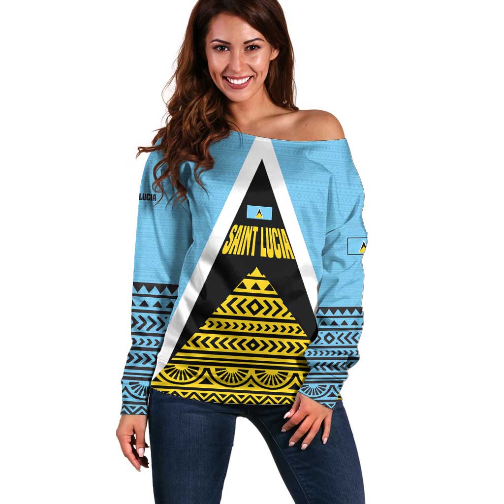 Saint Lucia Tribal Triangle Design Off Shoulder Sweater with Flag Colors and The Land The People The Light Quote - Wonder Print Shop