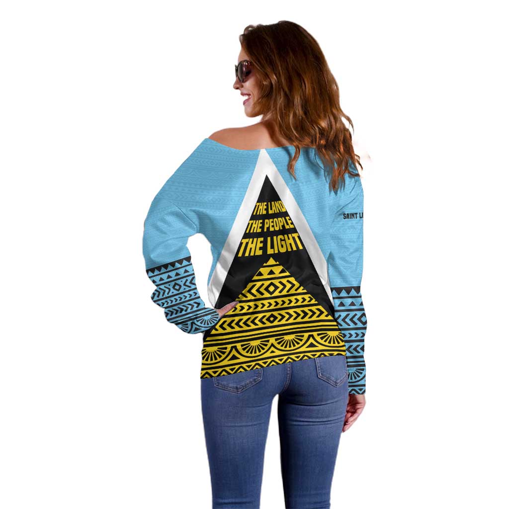 Saint Lucia Tribal Triangle Design Off Shoulder Sweater with Flag Colors and The Land The People The Light Quote - Wonder Print Shop