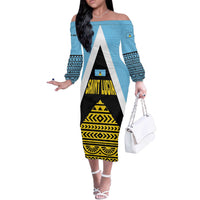 Saint Lucia Tribal Triangle Design Off The Shoulder Long Sleeve Dress with Flag Colors and The Land The People The Light Quote - Wonder Print Shop
