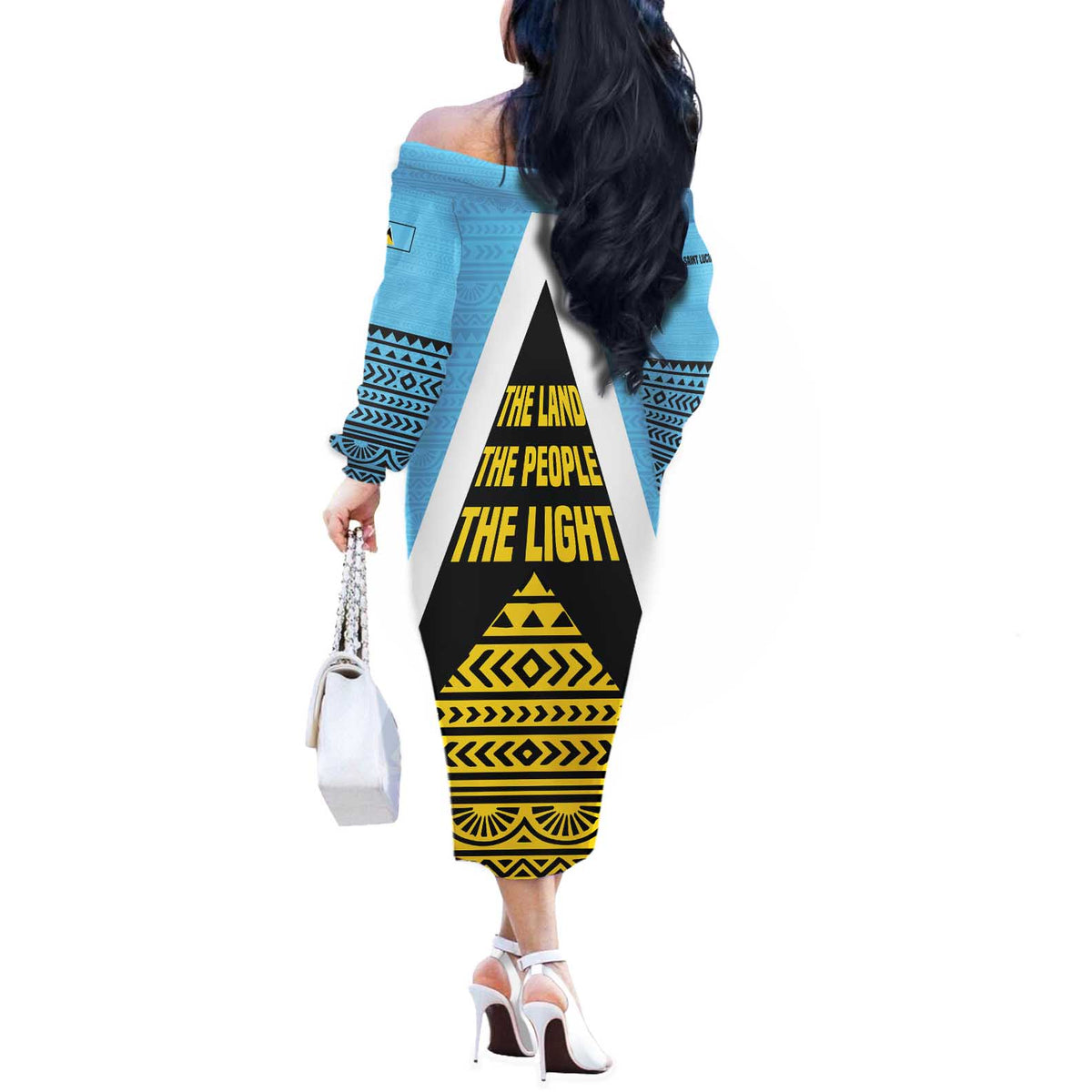 Saint Lucia Tribal Triangle Design Off The Shoulder Long Sleeve Dress with Flag Colors and The Land The People The Light Quote - Wonder Print Shop