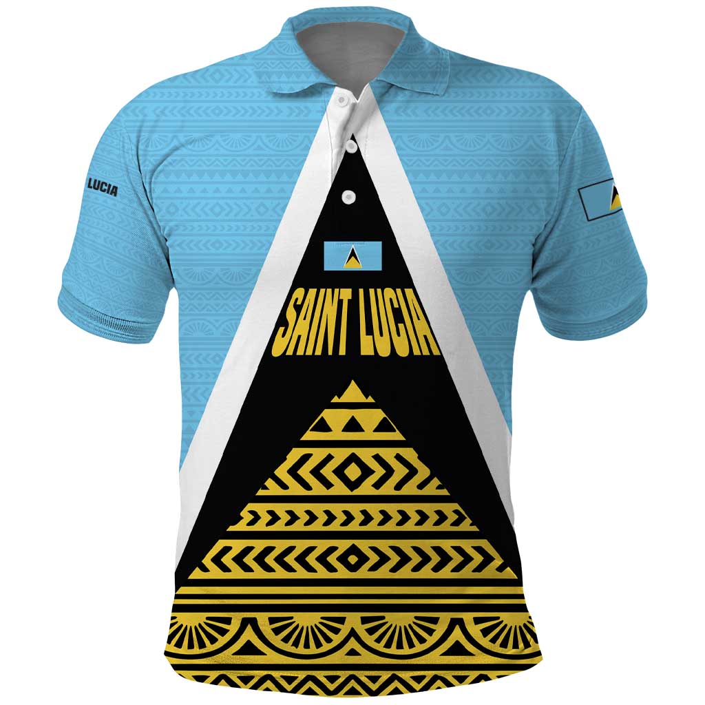 Saint Lucia Tribal Triangle Design Polo Shirt with Flag Colors and The Land The People The Light Quote - Wonder Print Shop
