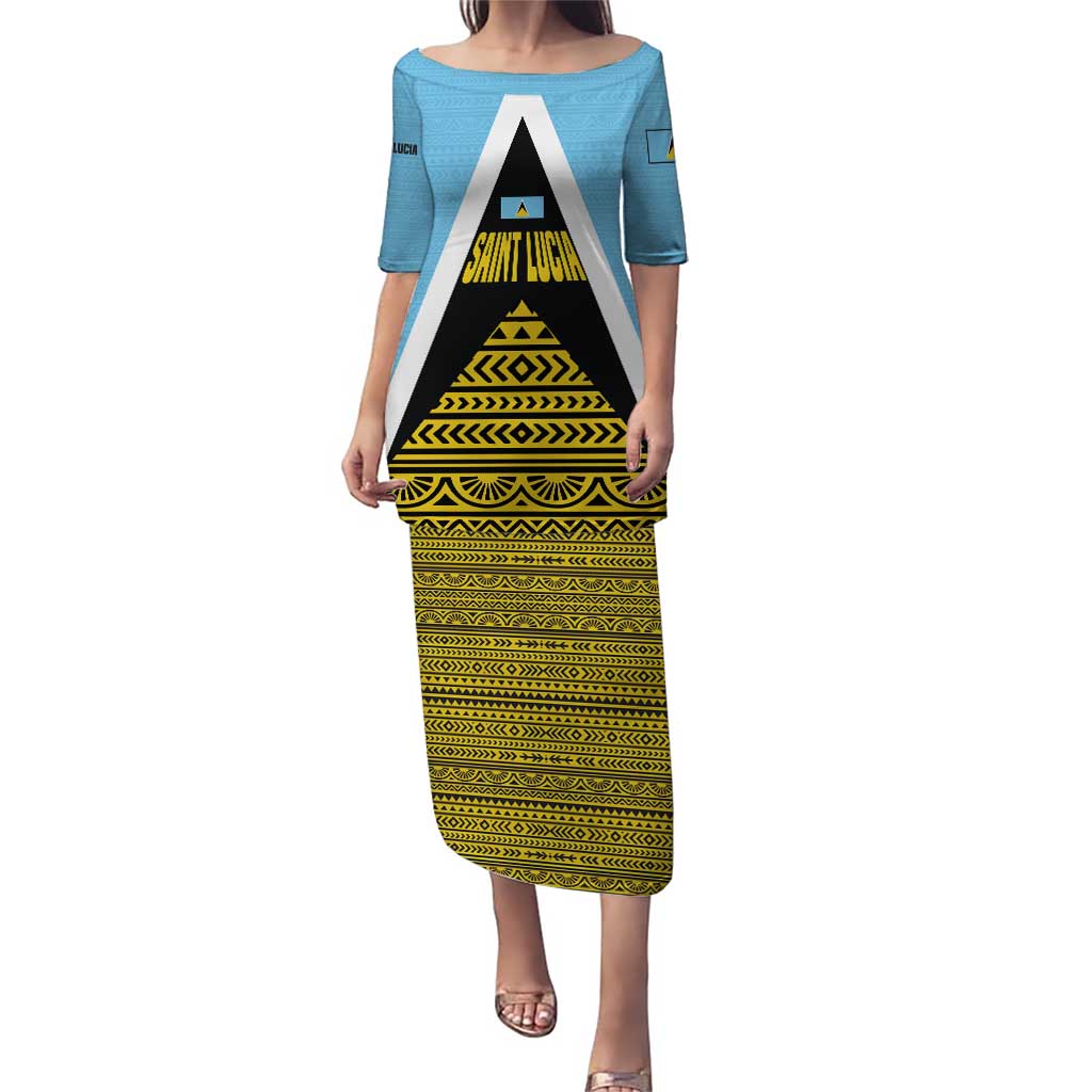 Saint Lucia Tribal Triangle Design Puletasi with Flag Colors and The Land The People The Light Quote - Wonder Print Shop
