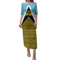 Saint Lucia Tribal Triangle Design Puletasi with Flag Colors and The Land The People The Light Quote - Wonder Print Shop