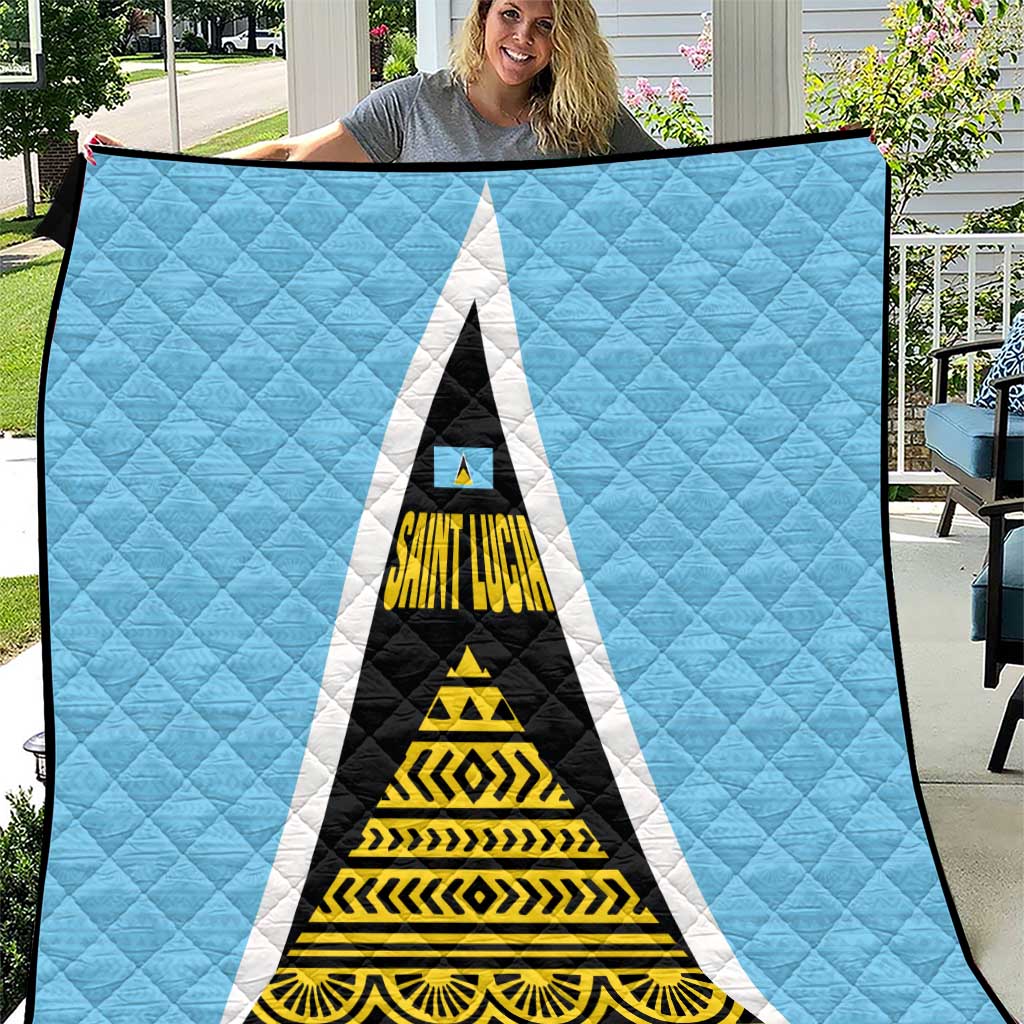 Saint Lucia Tribal Triangle Design Quilt with Flag Colors and The Land The People The Light Quote - Wonder Print Shop