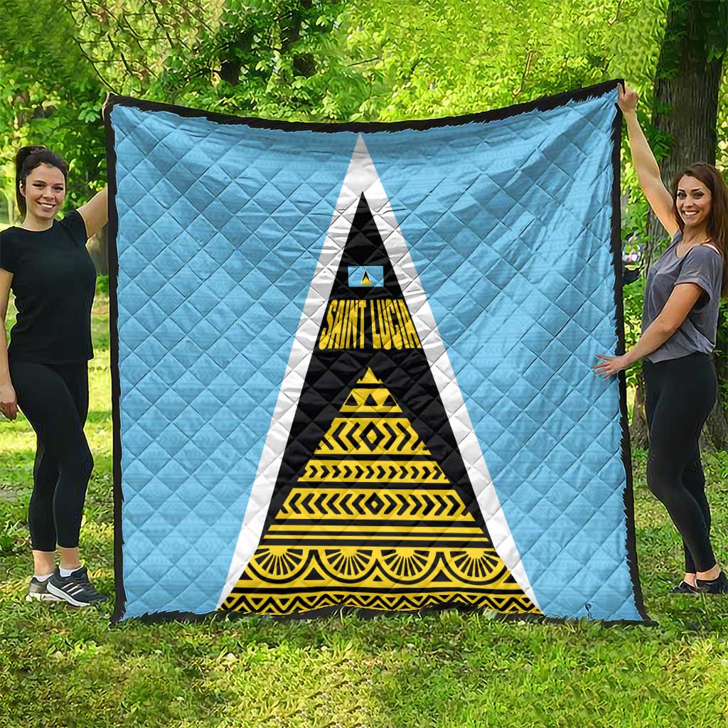 Saint Lucia Tribal Triangle Design Quilt with Flag Colors and The Land The People The Light Quote - Wonder Print Shop