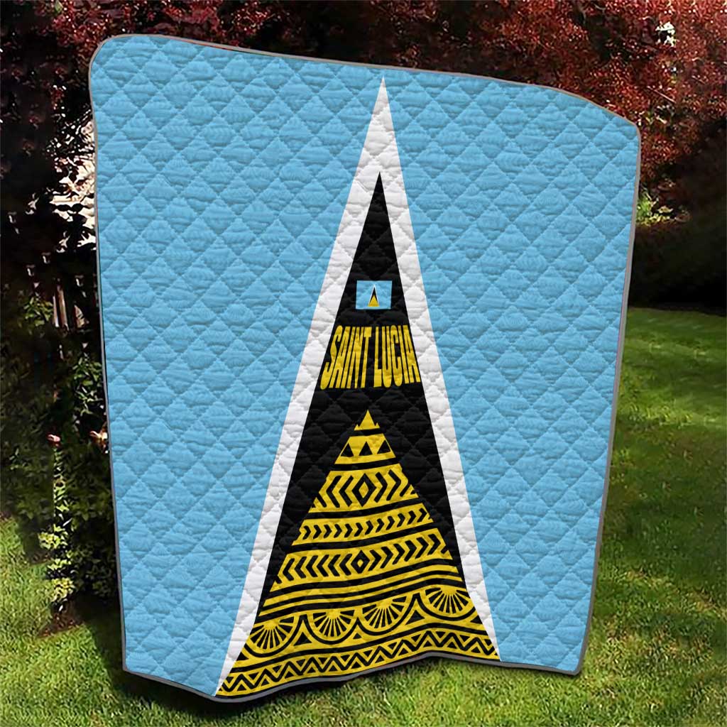 Saint Lucia Tribal Triangle Design Quilt with Flag Colors and The Land The People The Light Quote - Wonder Print Shop