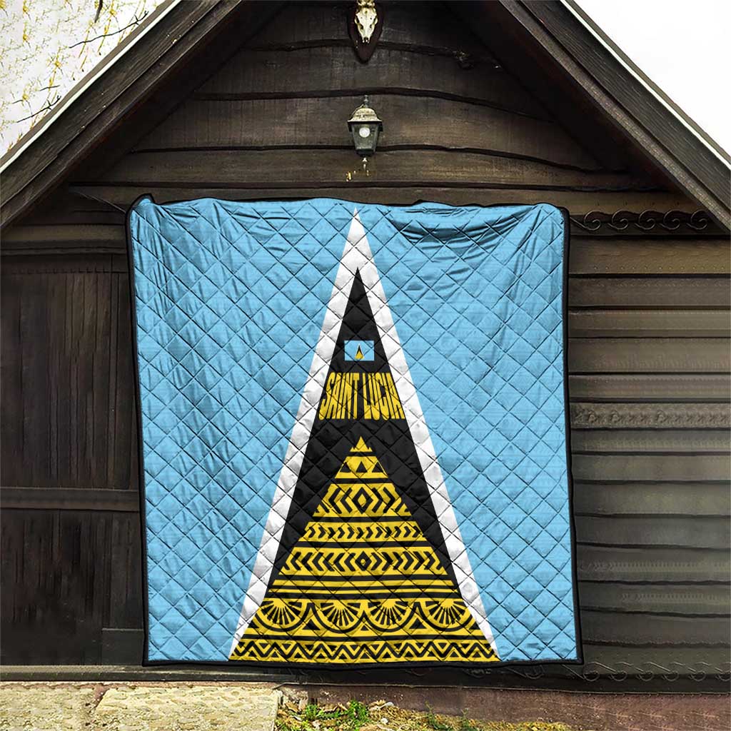 Saint Lucia Tribal Triangle Design Quilt with Flag Colors and The Land The People The Light Quote - Wonder Print Shop
