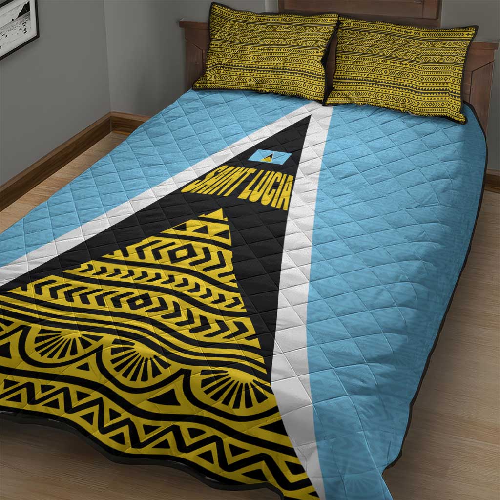 Saint Lucia Tribal Triangle Design Quilt Bed Set with Flag Colors and The Land The People The Light Quote - Wonder Print Shop