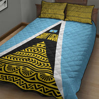 Saint Lucia Tribal Triangle Design Quilt Bed Set with Flag Colors and The Land The People The Light Quote - Wonder Print Shop