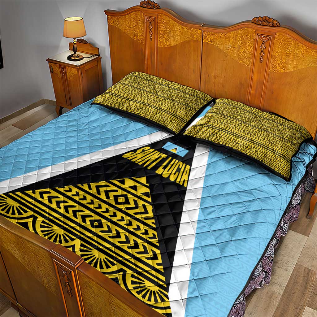 Saint Lucia Tribal Triangle Design Quilt Bed Set with Flag Colors and The Land The People The Light Quote - Wonder Print Shop