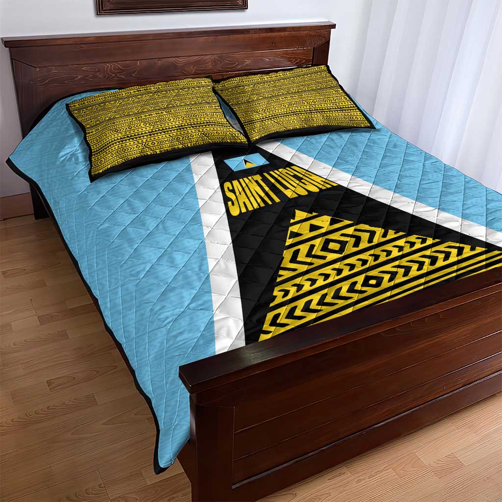 Saint Lucia Tribal Triangle Design Quilt Bed Set with Flag Colors and The Land The People The Light Quote - Wonder Print Shop