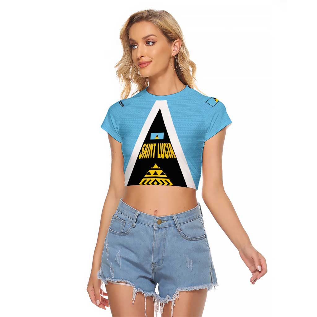 Saint Lucia Tribal Triangle Design Raglan Cropped T Shirt with Flag Colors and The Land The People The Light Quote - Wonder Print Shop