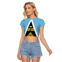 Saint Lucia Tribal Triangle Design Raglan Cropped T Shirt with Flag Colors and The Land The People The Light Quote - Wonder Print Shop